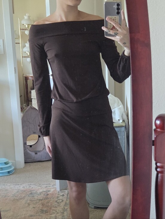 campaigne Dresses & Skirts - Campaigne Brown Long Sleeve Off-the-shoulder Dress - XS